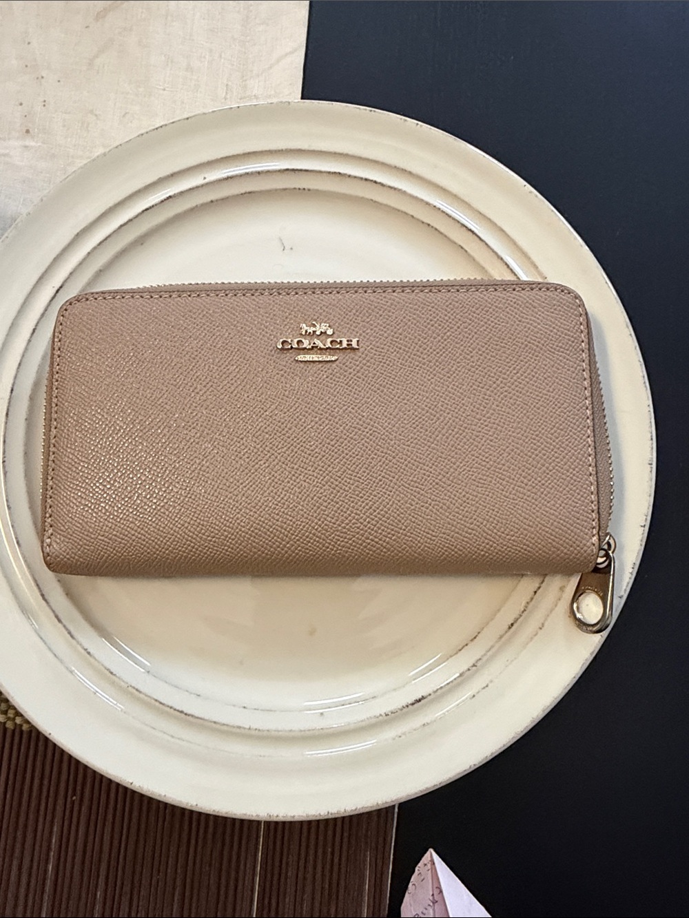 COACH Zip-Around Leather Wallet in Taupe